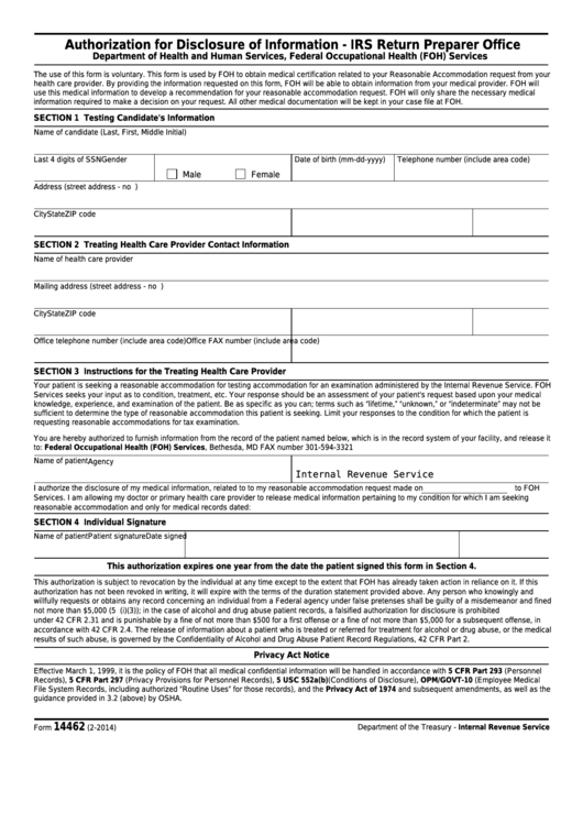 Fillable Form 14462 - Authorization For Disclosure Of Information - Irs Return Preparer Office Printable pdf