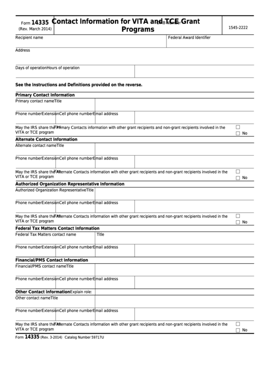 Fillable Form 14335 - Contact Information For Vita And Tce Grant Programs Printable pdf