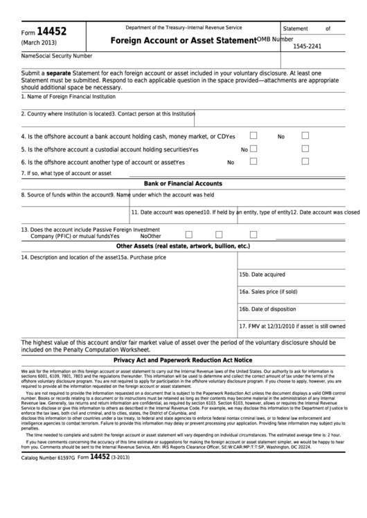 Fillable Form Form 14452 - Foreign Account Or Asset Statement Printable pdf