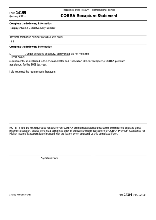 Fillable Form 14199 - Cobra Recapture Statement Printable pdf