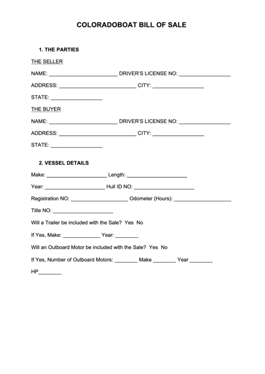 Fillable Colorado Boat Bill Of Sale Form Printable pdf