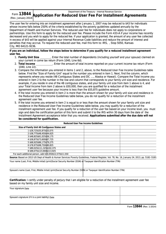 Form 13844 - Application For Reduced User Fee For Installment Agreements