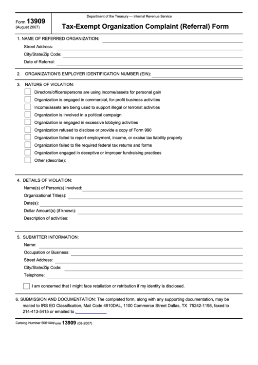 Fillable Form 13909 - Tax-Exempt Organization Complaint (Referral) Form Printable pdf