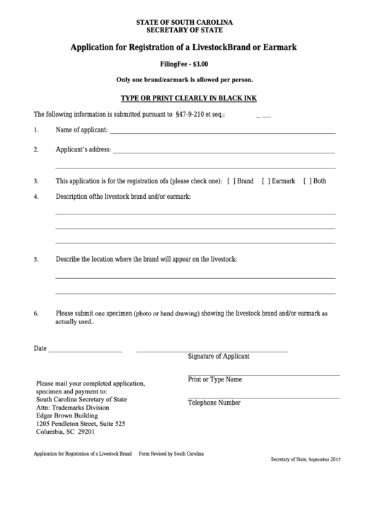 Fillable Application For Registration Of A Livestock Brand Or Earmark Form Printable pdf