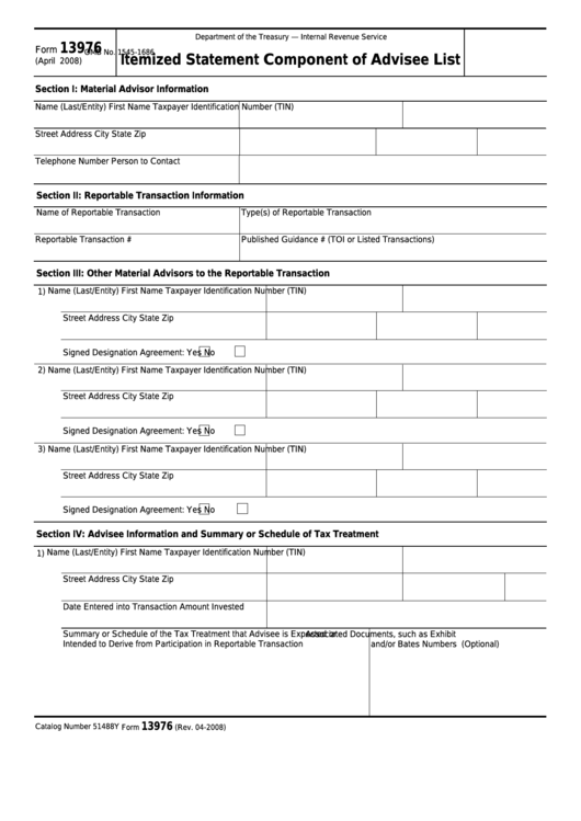 Fillable Form 13976 - Itemized Statement Component Of Advisee List Printable pdf