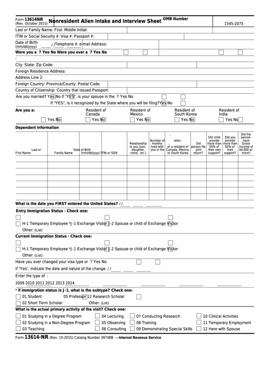 Fillable Form 13614nr - Nonresident Alien Intake And Interview Sheet Printable pdf