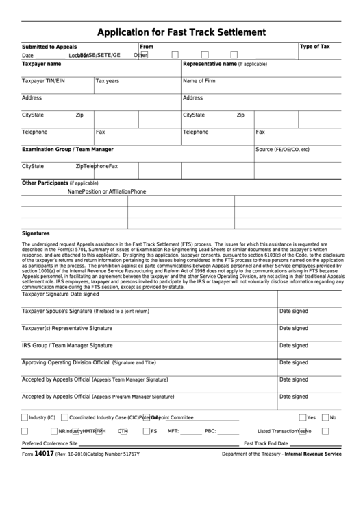 Fillable Form 14017 - Application For Fast Track ...
