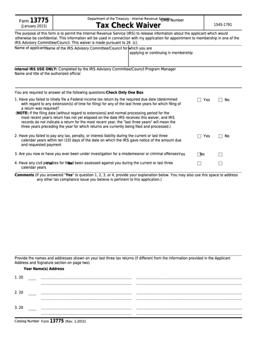 Fillable Form 13775 - Tax Check Waiver Printable pdf