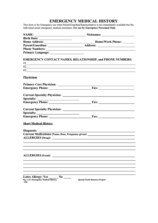 Emergency Medical History Form Printable pdf
