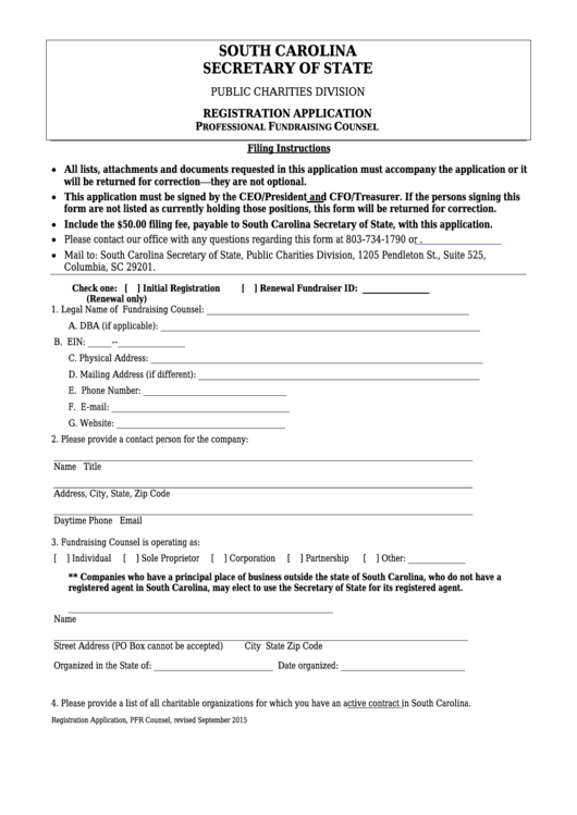 Fillable Registration Application For A Professional Fundraising Counsel Form Printable pdf