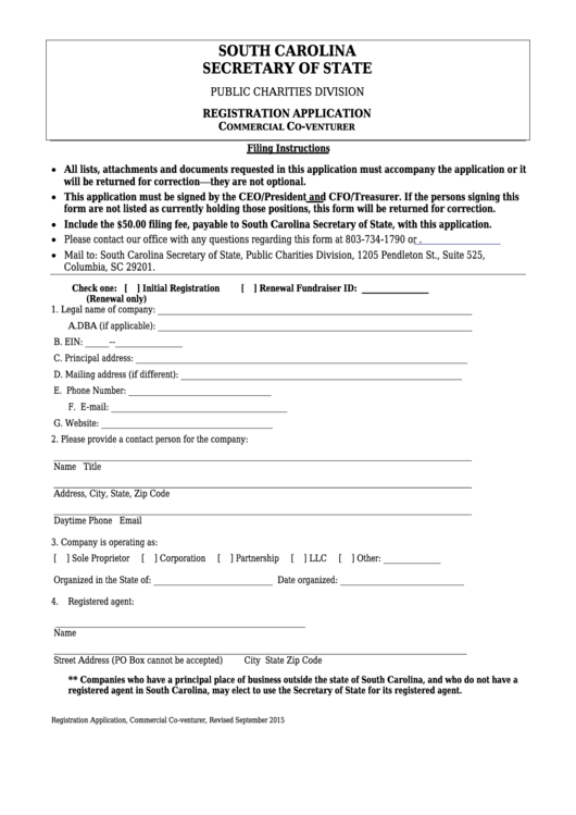 Fillable Registration Application For A Commercial Co-Venturer Form Printable pdf