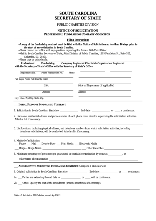 Fillable Notice Of Solicitation Form - Professional Fundraising Company - Solicitor Printable pdf