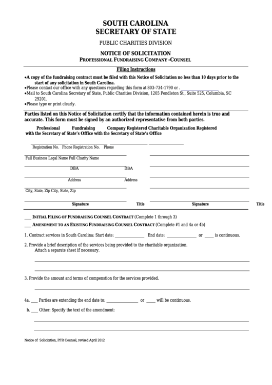 Fillable Notice Of Solicitation Form - Professional Fundraising Company - Counsel Printable pdf