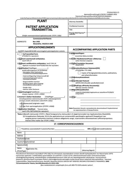Fillable Form Pto/aia/19 - Plant Patent Application Transmittal Printable pdf