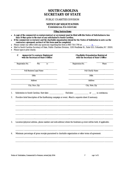 Fillable Notice Of Solicitation Form - Commercial Co-Venture Printable pdf