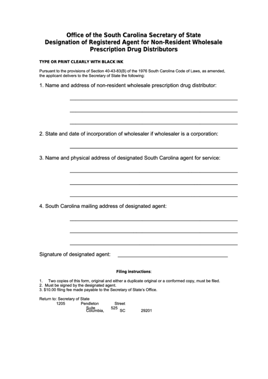 Fillable Designation Of Registered Agent For Non-Resident Wholesale Prescription Drug Distributors Form Printable pdf