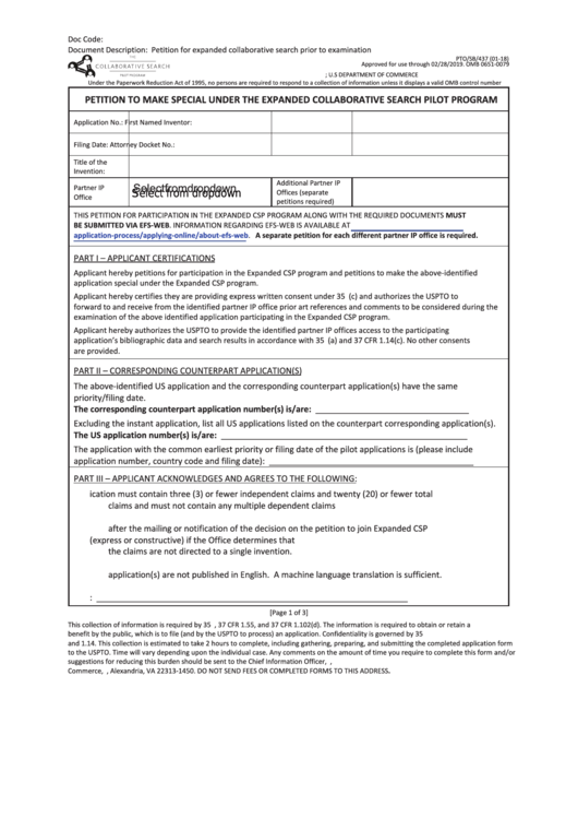 Form Pto/sb/437 - Petition To Make Special Under The Expanded Collaborative Search Pilot Program Printable pdf