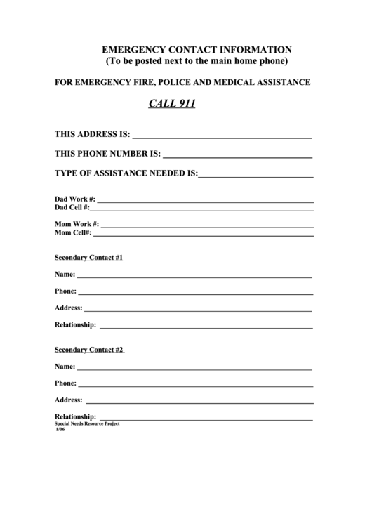 Emergency Contact Information Form Printable pdf
