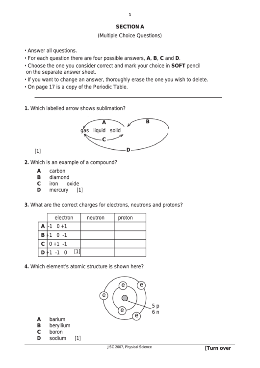 Physical Science Multiple Choice Quiz Worksheet Printable pdf