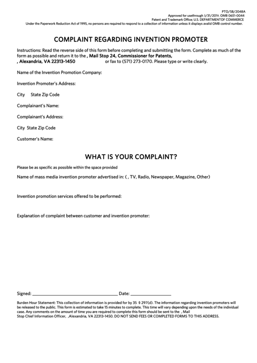 Fillable Form Pto/sb/2048a - Complaint Regarding Invention Promoter Printable pdf