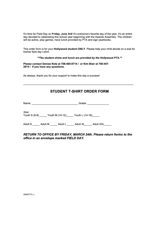 Student Student T-Shirt Order Form Printable pdf