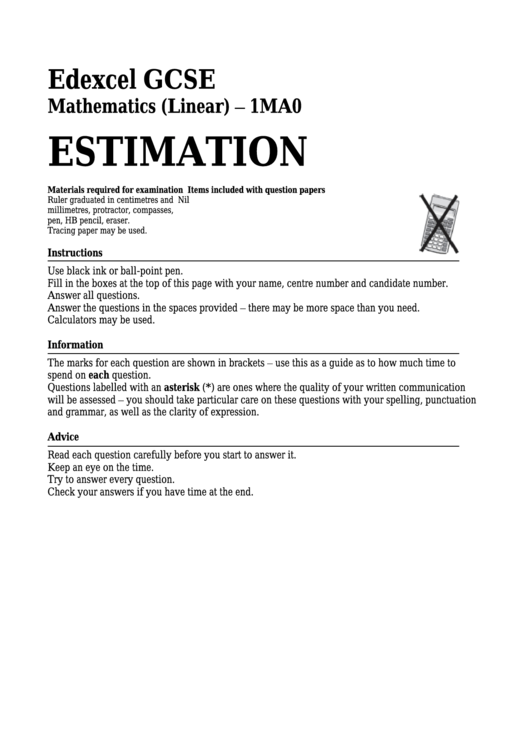 Edexcel Gcse Mathematics (Linear) - Estimation Printable pdf
