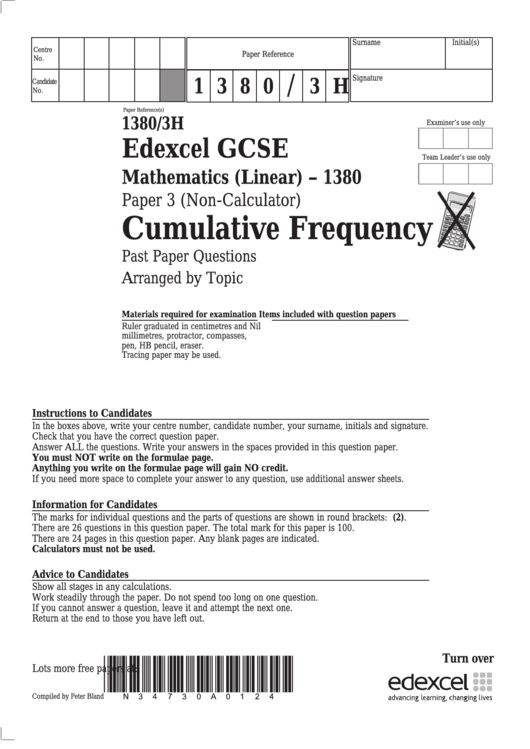 Edexcel Gcse Mathematics (Linear) - Cumulative Frequency Printable pdf