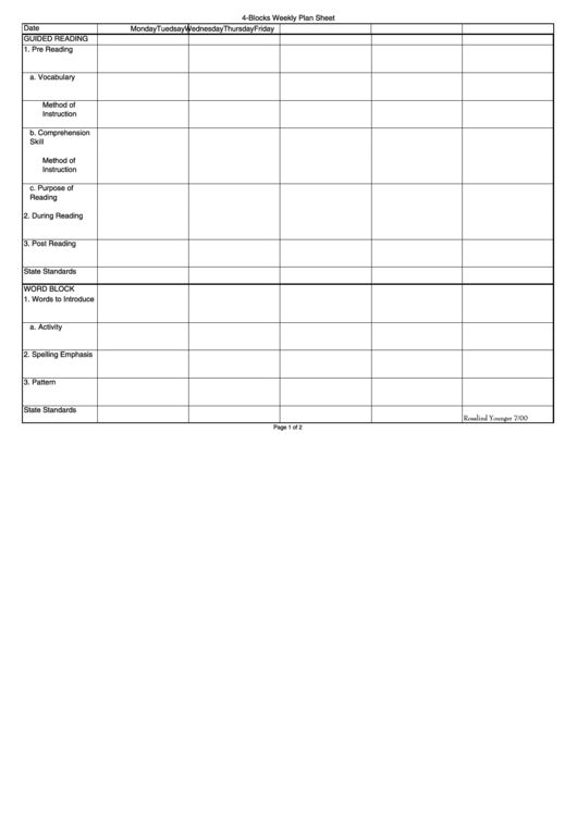 4-Blocks Weekly Plan Sheet Template Printable pdf
