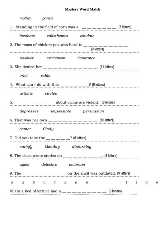Mystery Word Match - English Worksheet With Answers Printable pdf