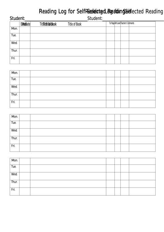 Monthly Reading Log For Self-Selected Reading Printable pdf