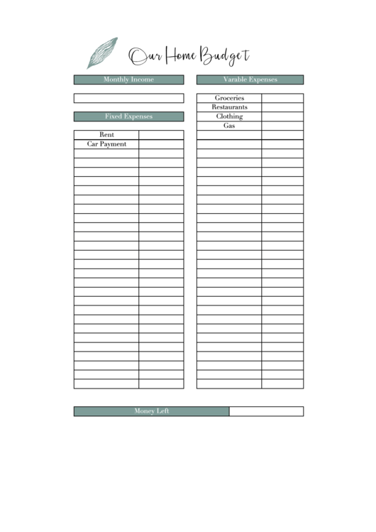 Monthly Budget Template - Our Home Budget Printable pdf
