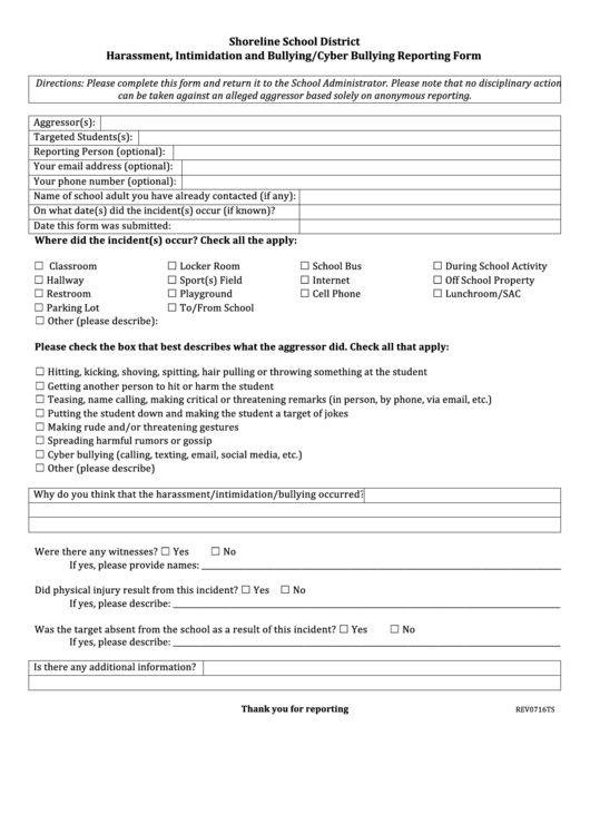 Harassment, Intimidation And Bullying/cyber Bullying Reporting Form Printable pdf