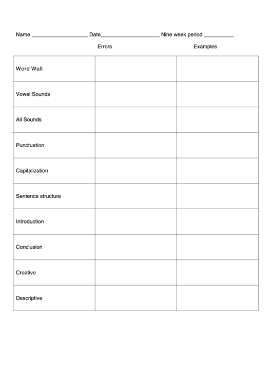 Writing Assessment Record Template Printable pdf