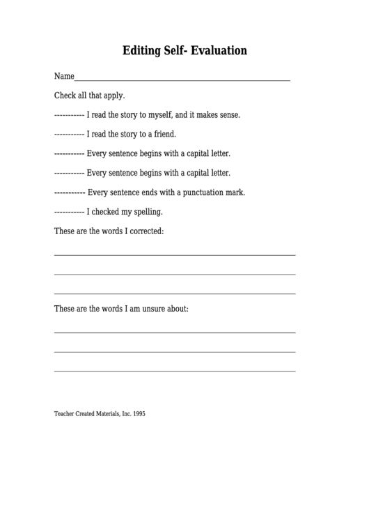 Editing Self-Evaluation Template Printable pdf