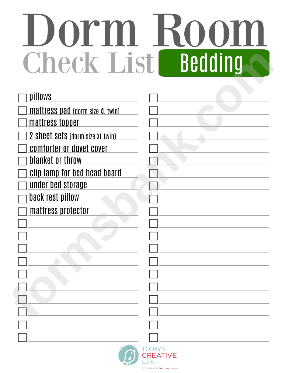 Dorm Room Bedding Checklist Template