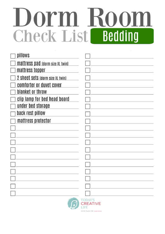Dorm Room Bedding Checklist Template Printable pdf