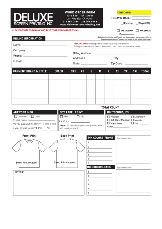 Fillable Work Order Template Printable pdf