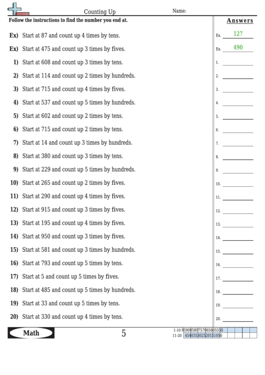 Counting Up Worksheet Template With Answer Key Printable pdf