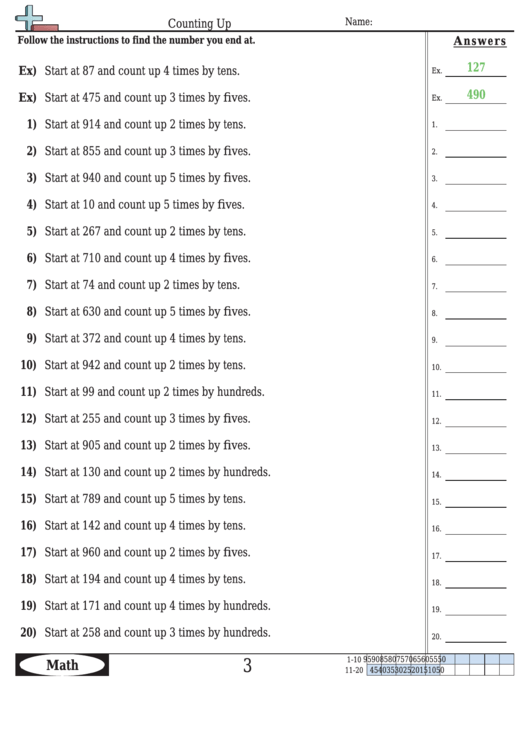 Counting Up Worksheet Template With Answer Key Printable pdf