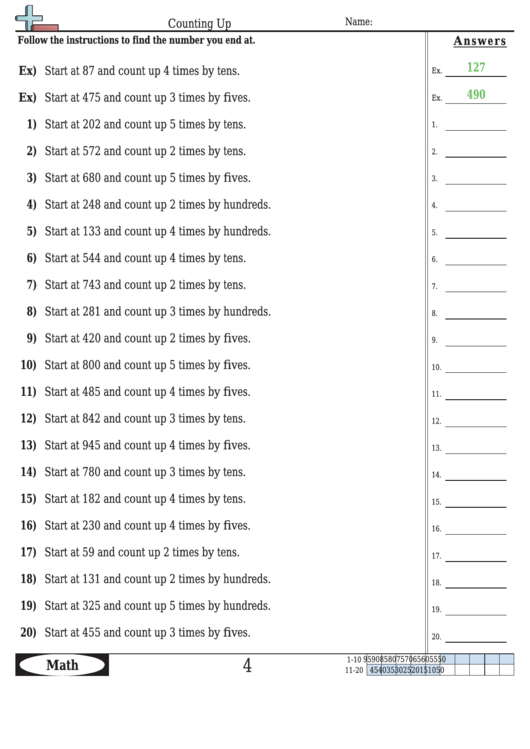 Counting Up Worksheet Template With Answer Key