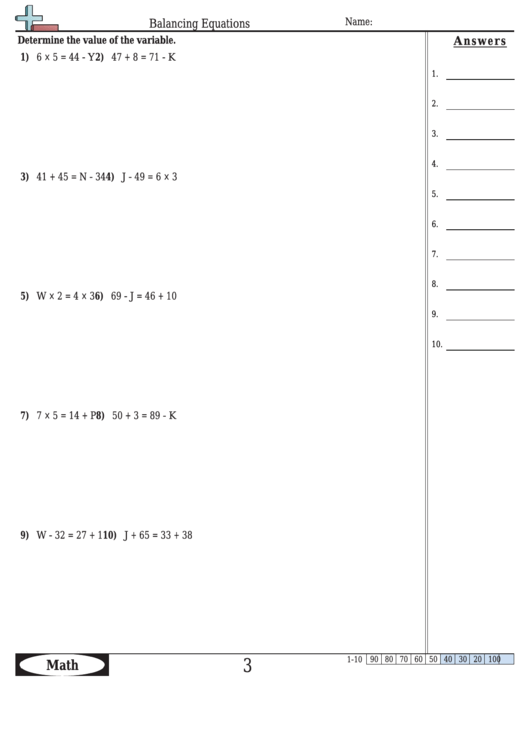 Balancing Equations Worksheet Template With Answer Key Printable pdf