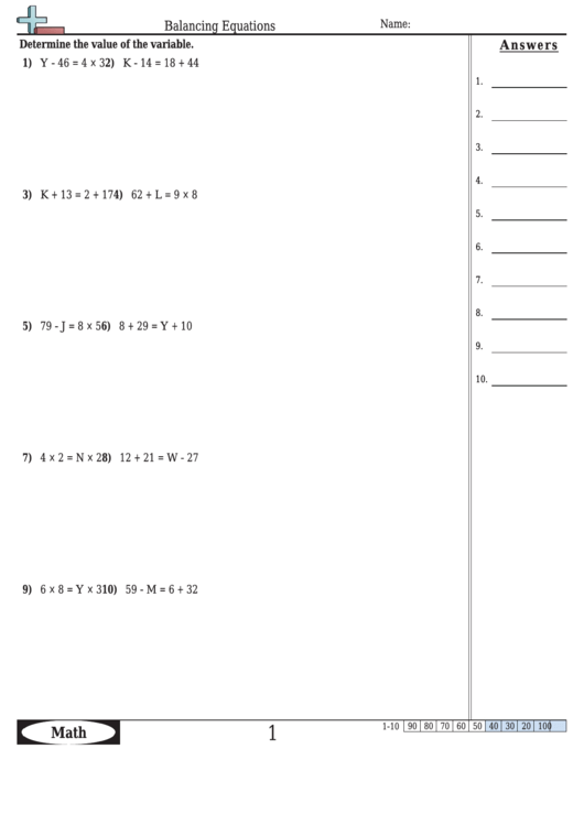 Balancing Equations Worksheet Template With Answer Key Printable pdf