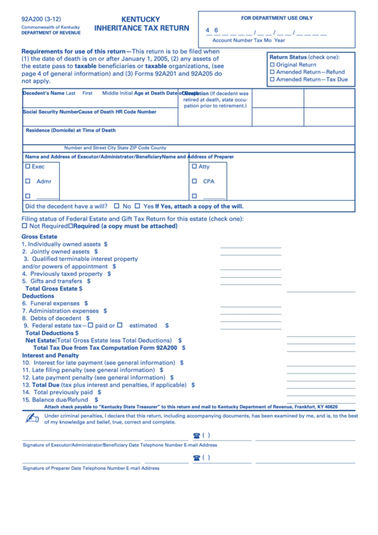 Form 92a200 - Kentucky Inheritance Tax Return Printable pdf