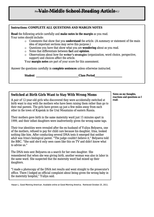 Switched At Birth Girls Want To Stay With Wrong Moms (1090l) - Middle School Reading Article Worksheet Printable pdf