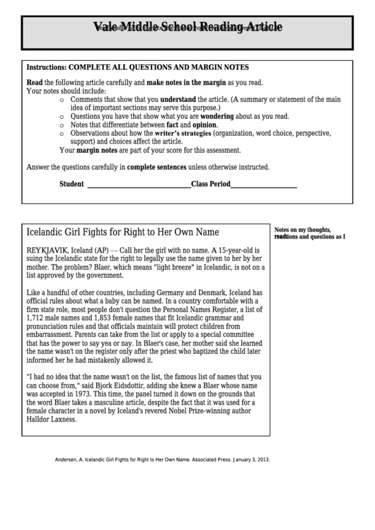 Icelandic Girl Fights For Right To Her Own Name (1240l) - Middle School Reading Article Worksheet Printable pdf
