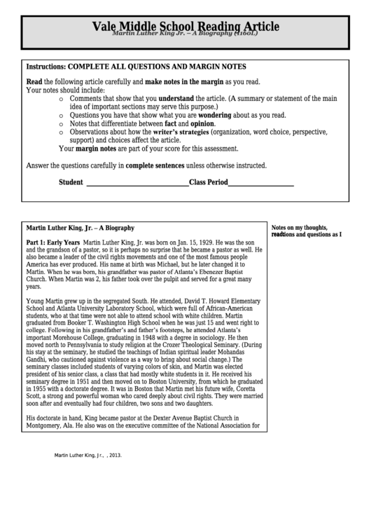 Martin Luther King Jr. - A Biography (1160l) - Middle School Reading Article Worksheet Printable pdf