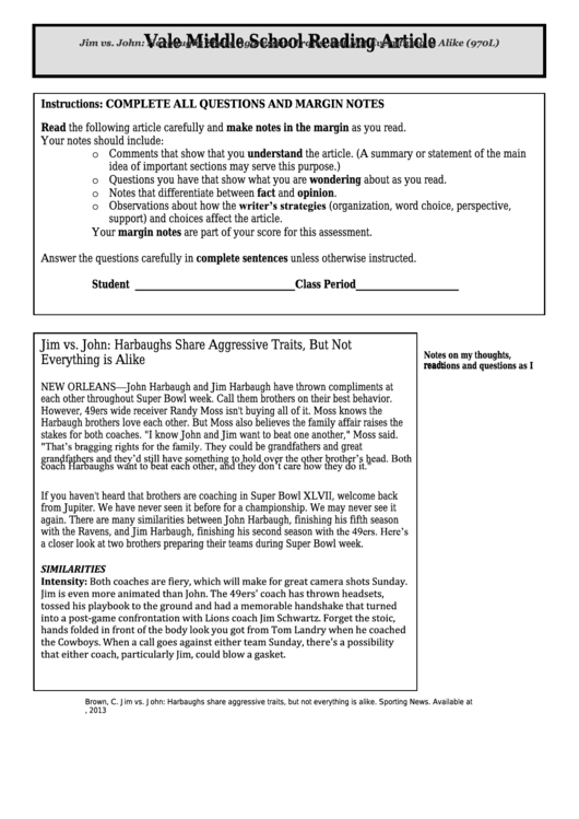 Jim Vs. John: Harbaughs Share Aggressive Traits, But Not Everything Is Alike (970l) - Middle School Reading Article Worksheet Printable pdf
