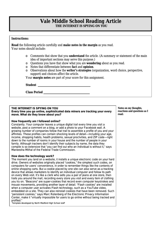 The Internet Is Spying On You - Middle School Reading Article Worksheet Printable pdf