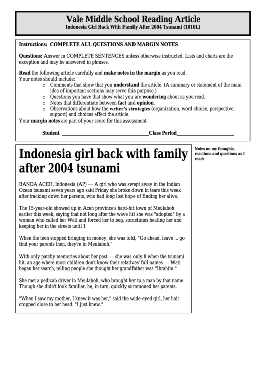 Indonesia Girl Back With Family After 2004 Tsunami (1010l) - Middle School Reading Article Worksheet Printable pdf