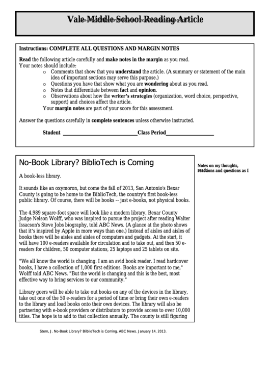 No-Book Library Bibliotech Is Coming (1070l) - Middle School Reading Article Worksheet Printable pdf